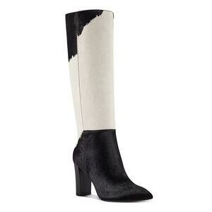 INC Womens 6.5 M Black White Cow Print High Heeled Knee High Boots NIB HV5
